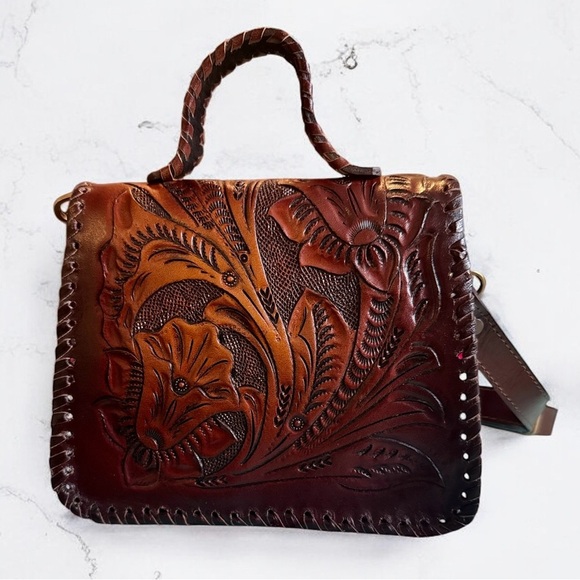 Leather Handmade Tooled Embossed Crossbody Handbag & Wallet Set New - Picture 3 of 12